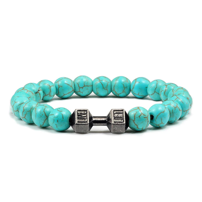 Unisex Fitness Volcanic Stone Bracelet: Matte Black Lava and White Beads with Dumbbell Charm. Perfect for Gym Enthusiasts.