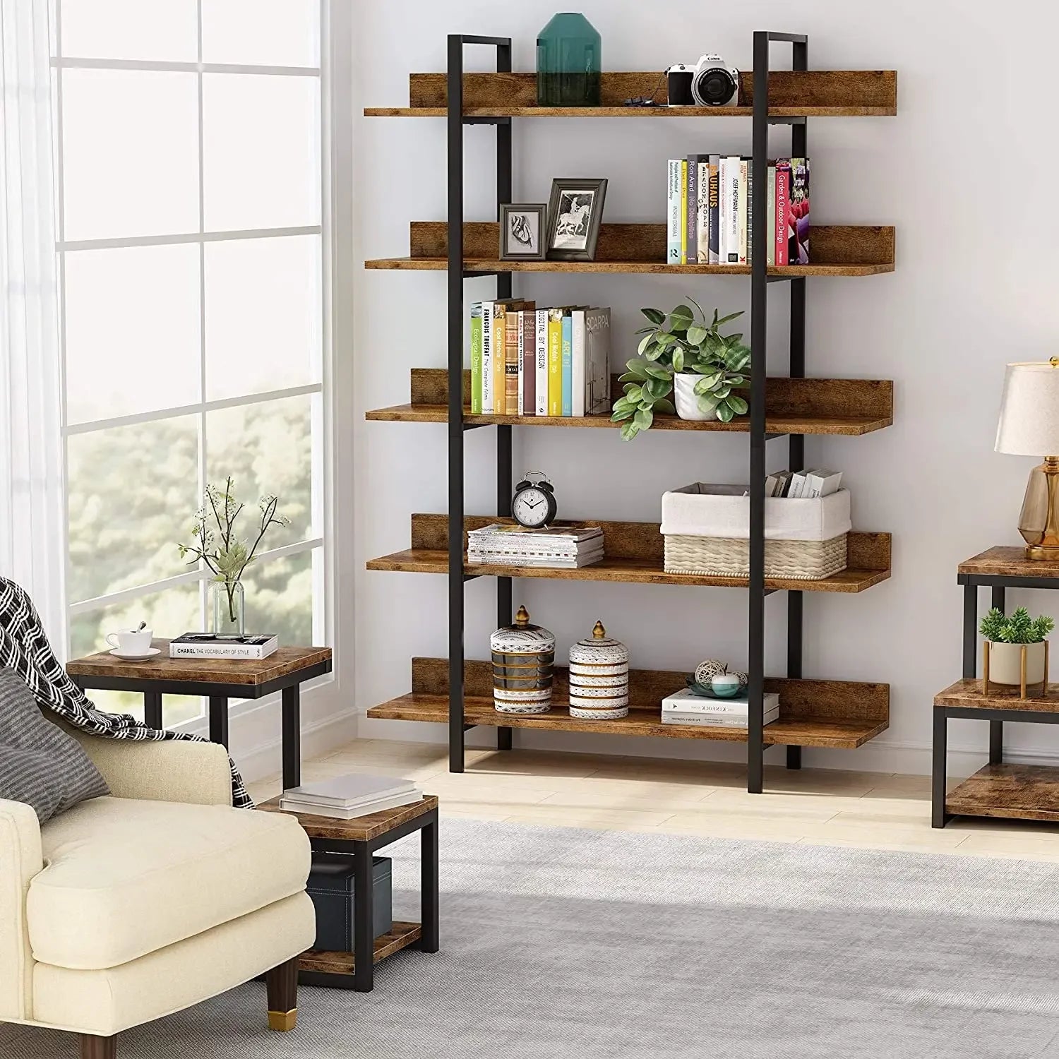 Storage Rack Standing Shelf 5 Tier Industrial Sturdy Bookshelf with Iron Pipe Frame