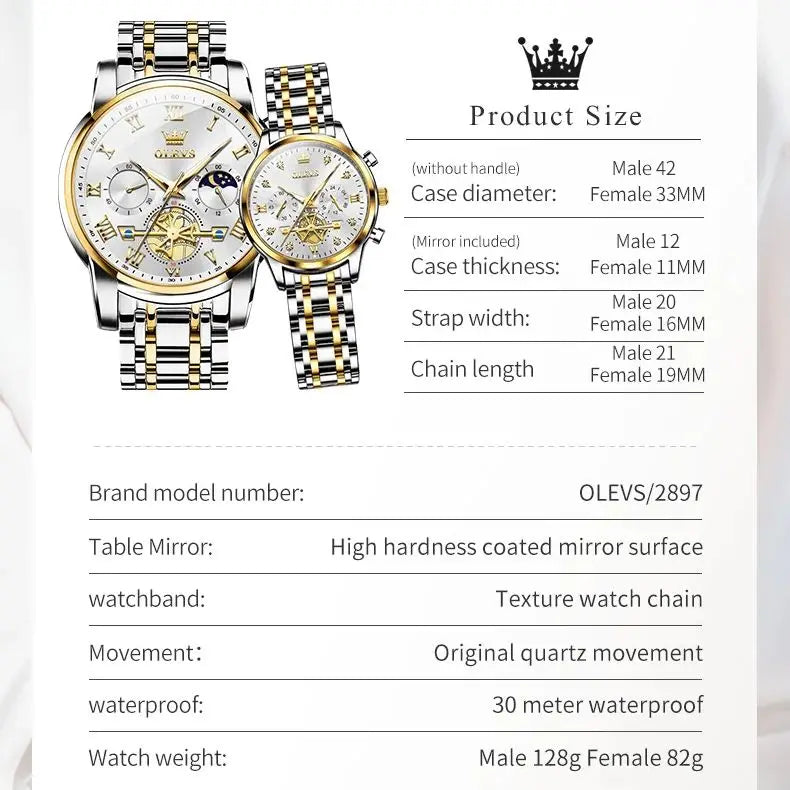 NEW OLEVS Quartz Couple Watch Luxury Brand Waterproof Lunar Phase Timing Code Watch Elegant and Romantic Lover
