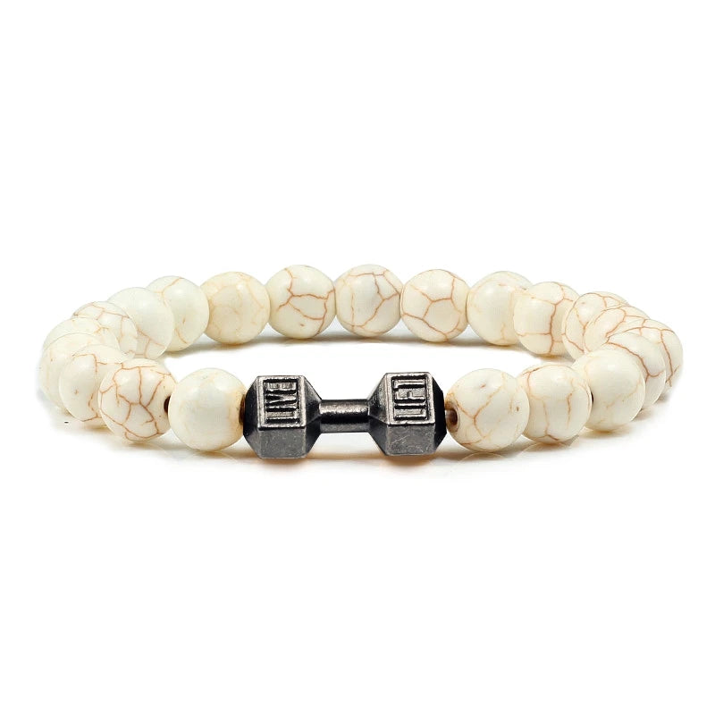 Unisex Fitness Volcanic Stone Bracelet: Matte Black Lava and White Beads with Dumbbell Charm. Perfect for Gym Enthusiasts.