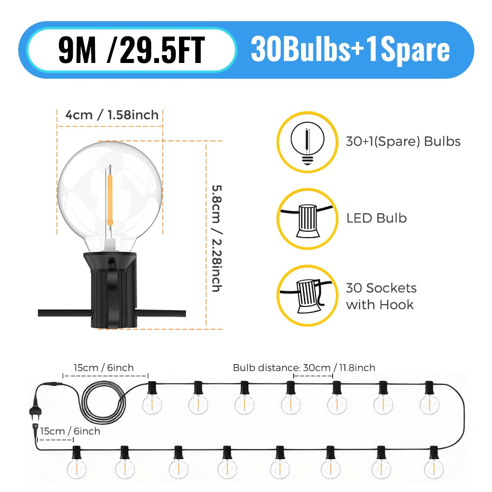 30M LED Lamp Globe String Lights Outdoor
