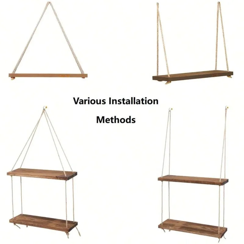 Wooden Swing Hanging Hemp Rope Wall Shelve Mounted Floating Home 1 PÇS