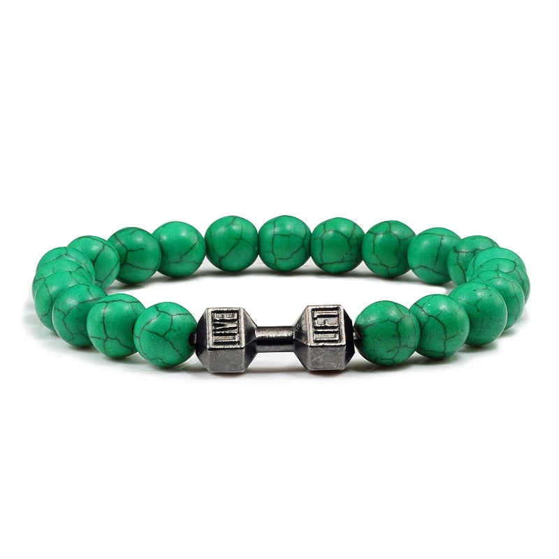 Unisex Fitness Volcanic Stone Bracelet: Matte Black Lava and White Beads with Dumbbell Charm. Perfect for Gym Enthusiasts.