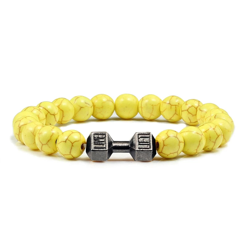 Unisex Fitness Volcanic Stone Bracelet: Matte Black Lava and White Beads with Dumbbell Charm. Perfect for Gym Enthusiasts.