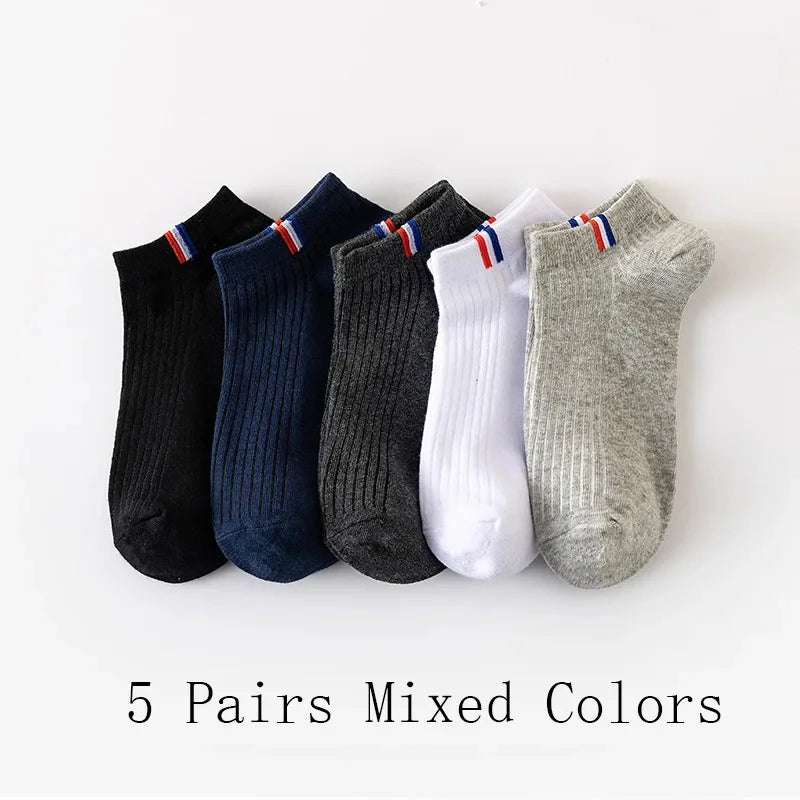 5 Pairs Thin Boat Socks Summer Blending Plain Color Mens Casual Breathable Sweat Absorbing Calibration