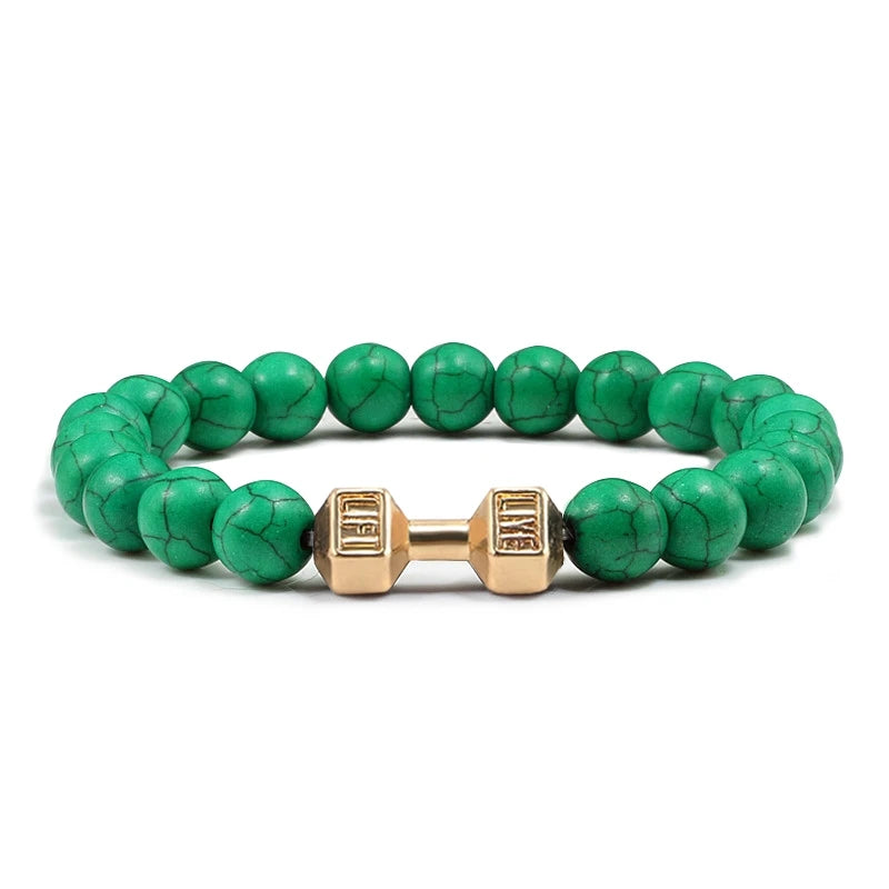 Unisex Fitness Volcanic Stone Bracelet: Matte Black Lava and White Beads with Dumbbell Charm. Perfect for Gym Enthusiasts.