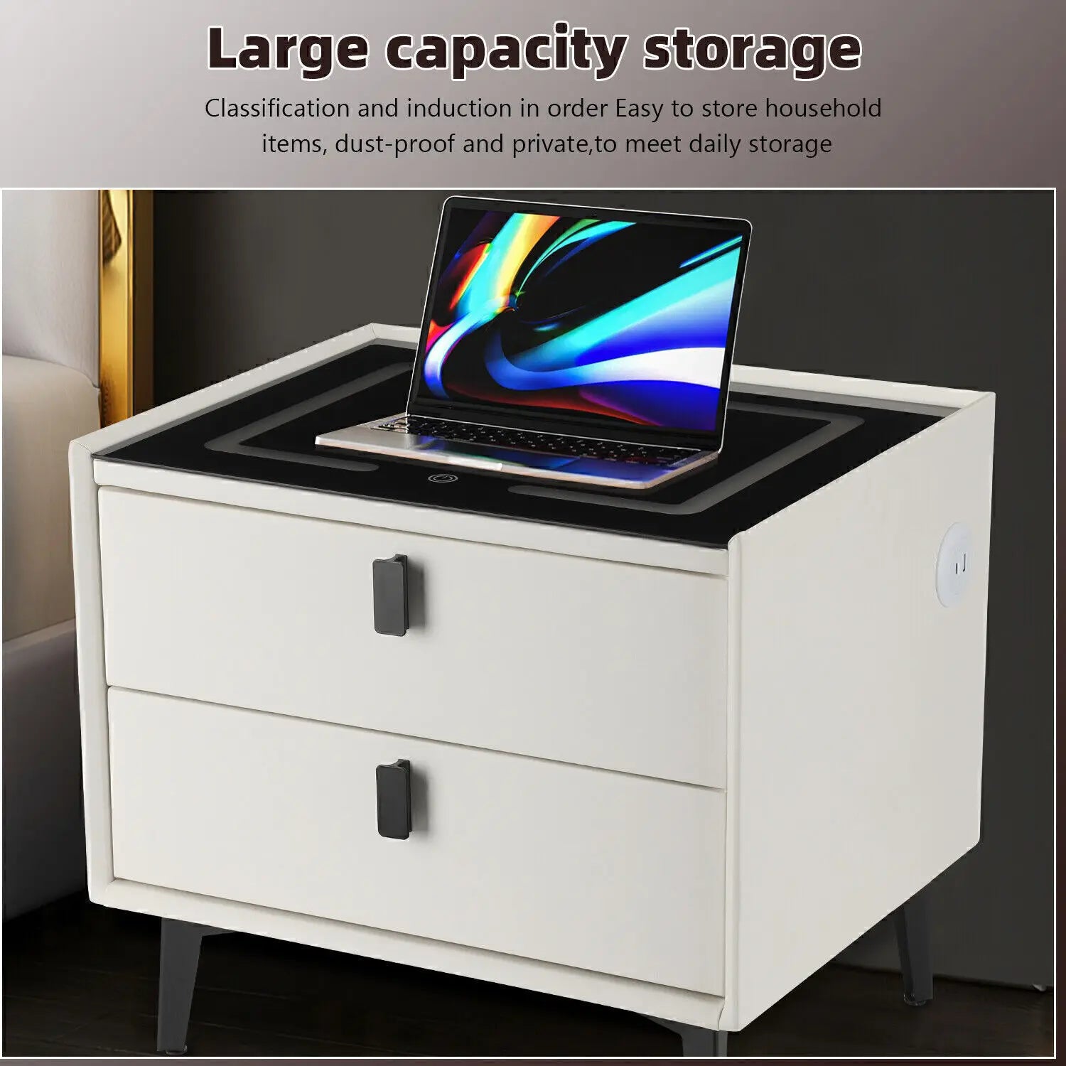 Smart 2 Drawers Bedside Table With Wireless Charging Bedside Cabinet With LED Light Nightstand Organiser With High Gloss Front