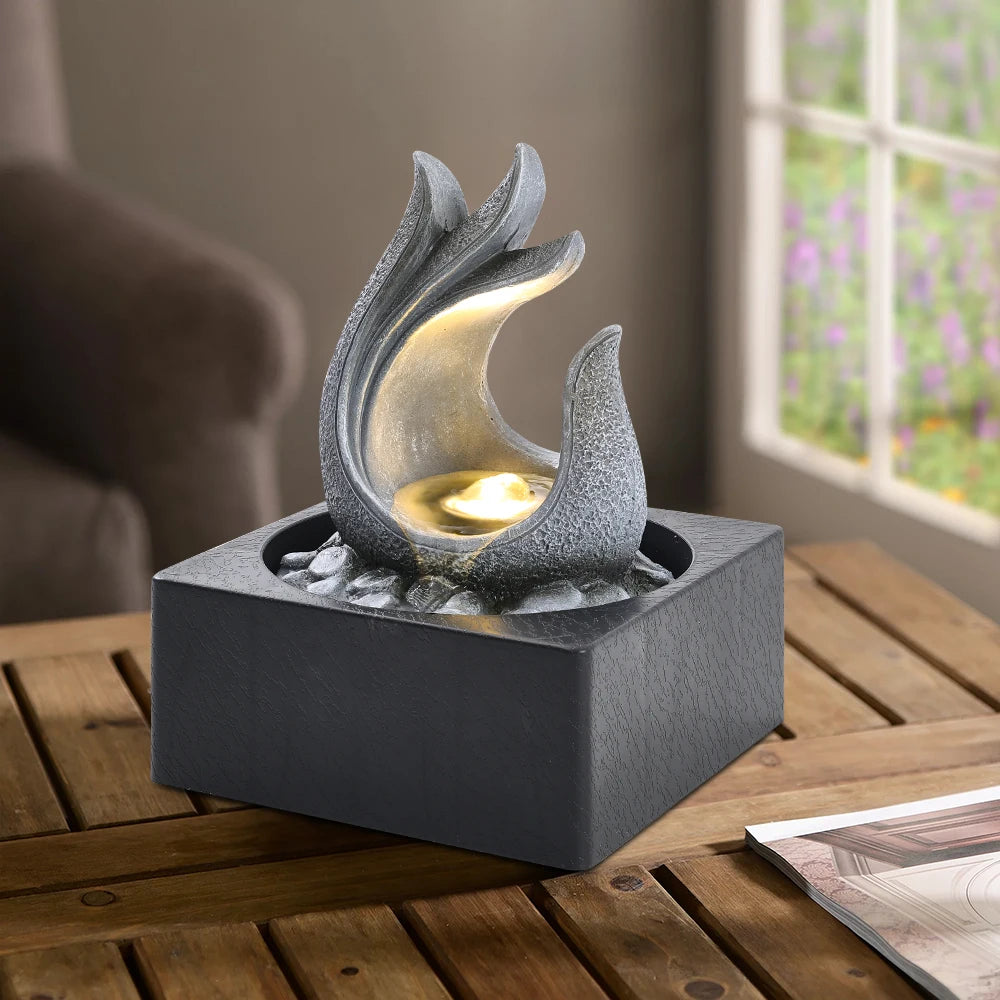Tabletop Resin Water Fountain with LED Light for Office Living room