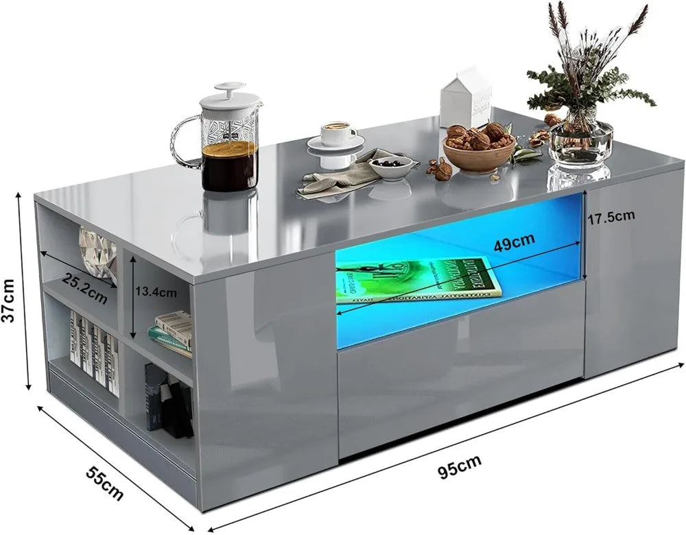 Centre Coffee Tables for Living Room with Led RGB Lights 2 Drawer Storage and Open