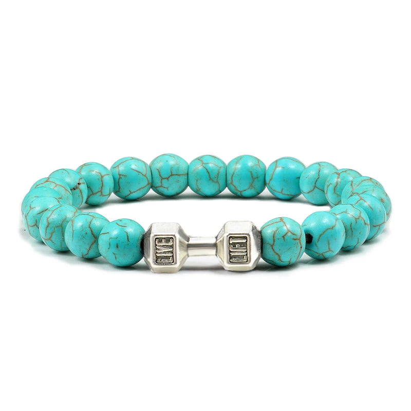 Unisex Fitness Volcanic Stone Bracelet: Matte Black Lava and White Beads with Dumbbell Charm. Perfect for Gym Enthusiasts.