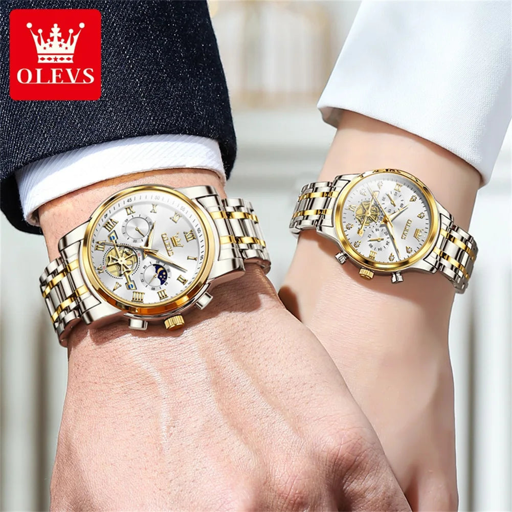 NEW OLEVS Quartz Couple Watch Luxury Brand Waterproof Lunar Phase Timing Code Watch Elegant and Romantic Lover