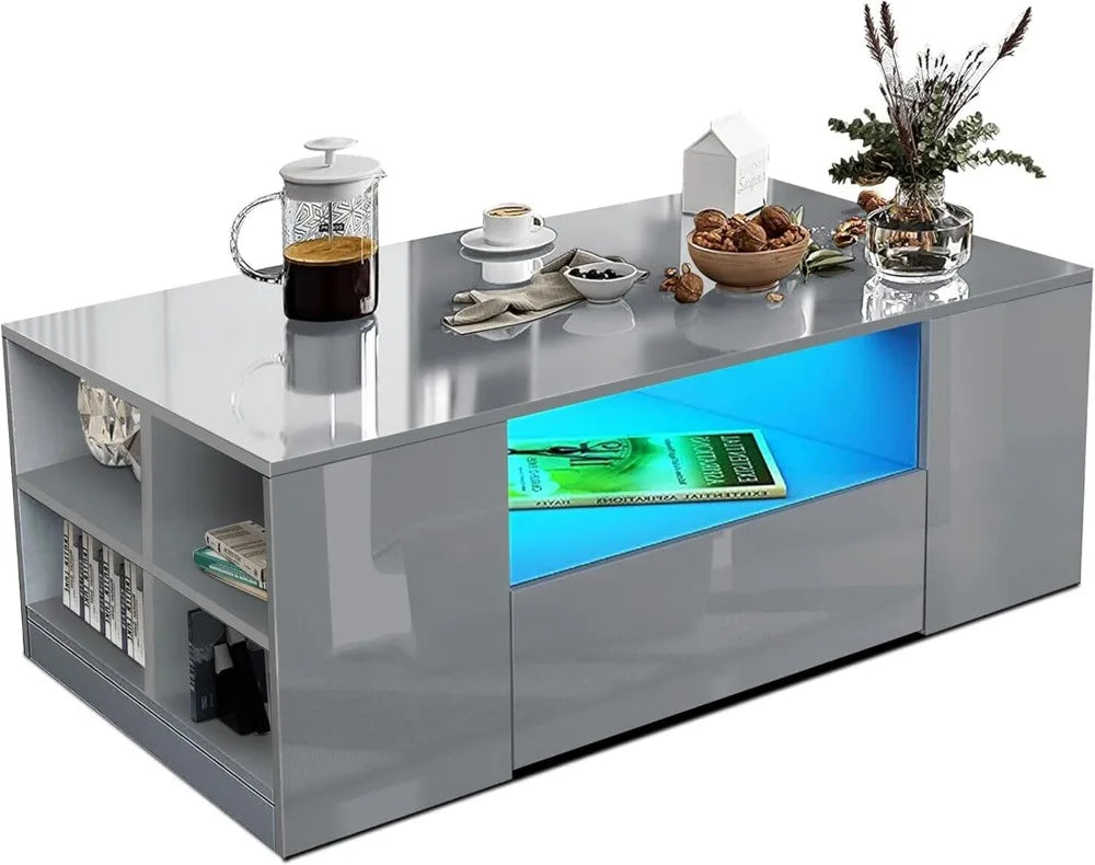 Centre Coffee Tables for Living Room with Led RGB Lights 2 Drawer Storage and Open