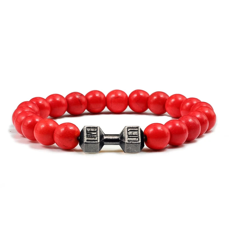 Unisex Fitness Volcanic Stone Bracelet: Matte Black Lava and White Beads with Dumbbell Charm. Perfect for Gym Enthusiasts.