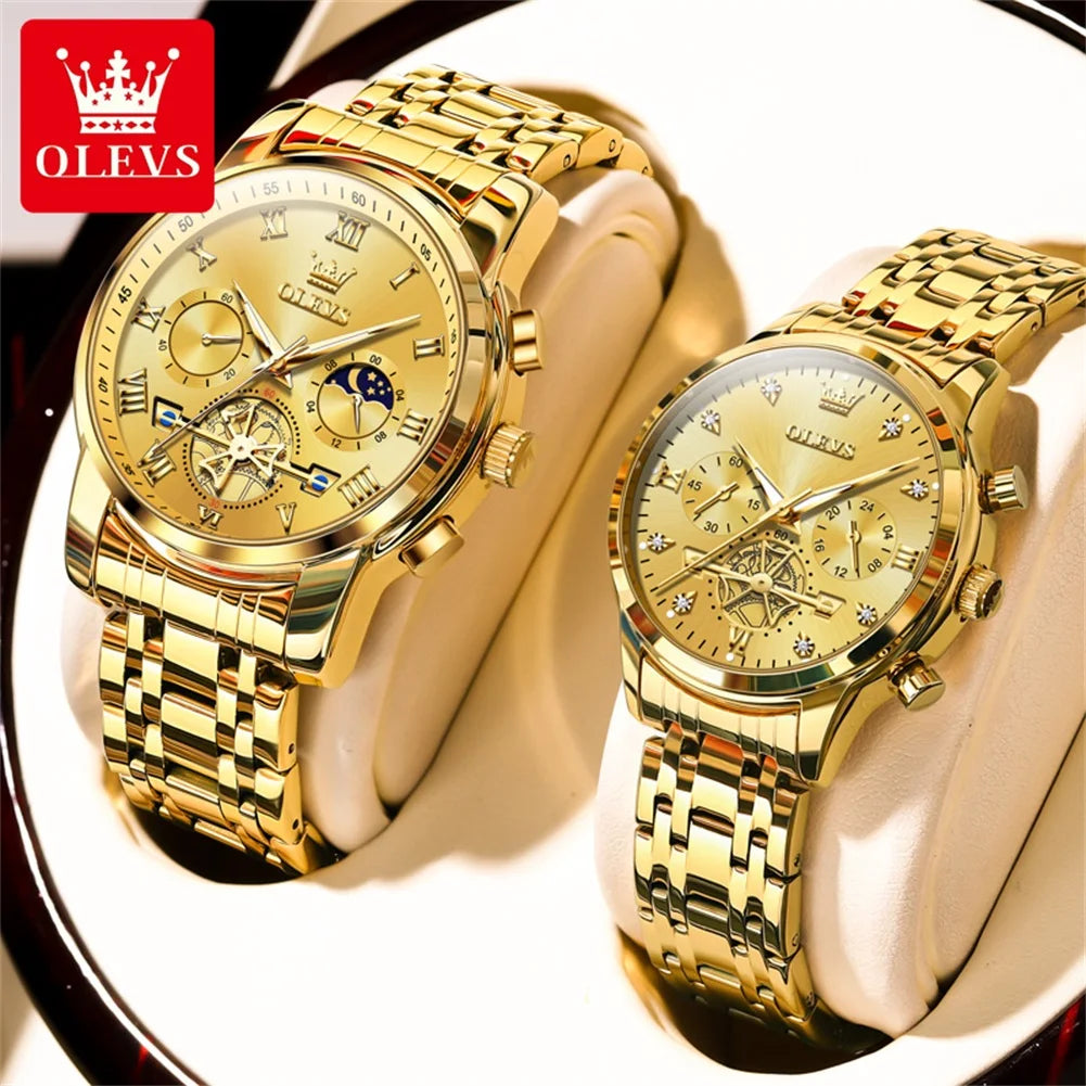 NEW OLEVS Quartz Couple Watch Luxury Brand Waterproof Lunar Phase Timing Code Watch Elegant and Romantic Lover