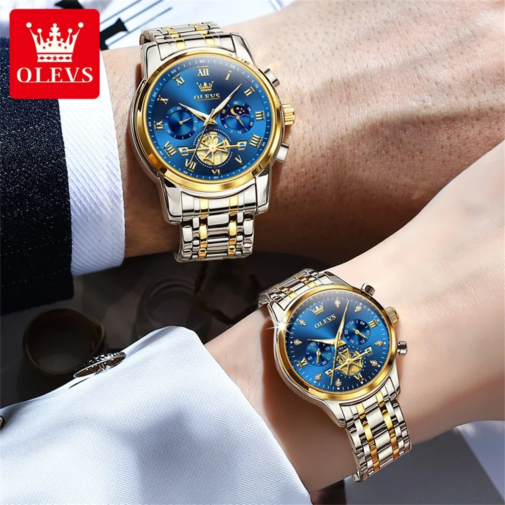 NEW OLEVS Quartz Couple Watch Luxury Brand Waterproof Lunar Phase Timing Code Watch Elegant and Romantic Lover