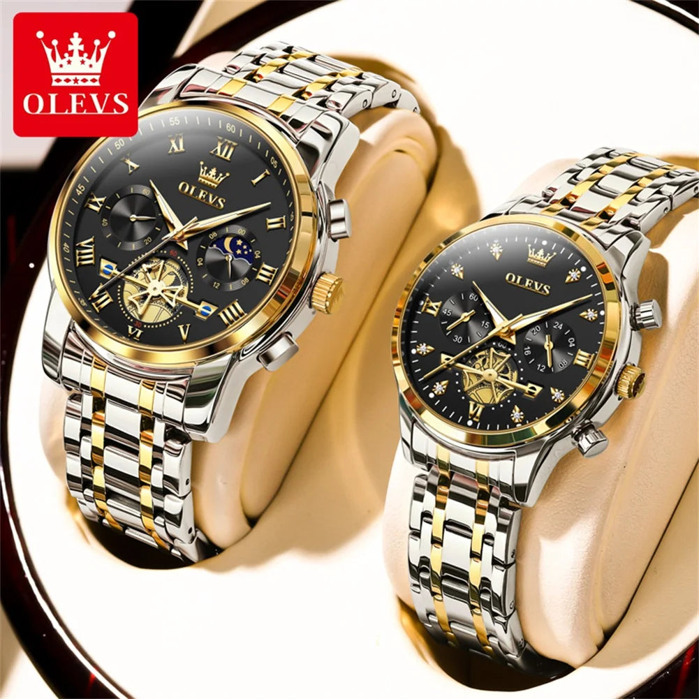 NEW OLEVS Quartz Couple Watch Luxury Brand Waterproof Lunar Phase Timing Code Watch Elegant and Romantic Lover