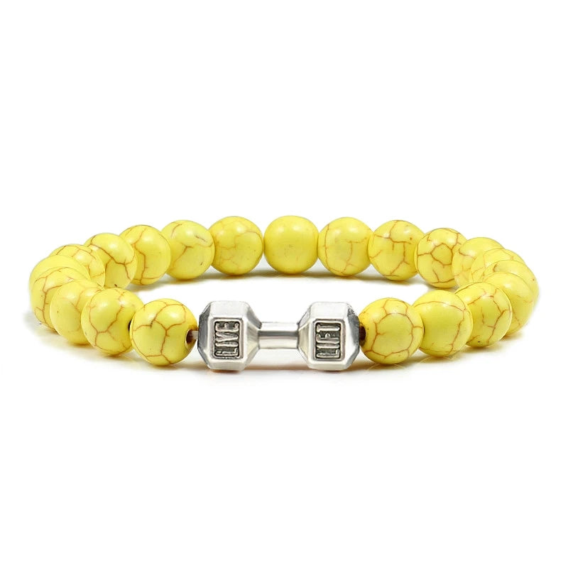 Unisex Fitness Volcanic Stone Bracelet: Matte Black Lava and White Beads with Dumbbell Charm. Perfect for Gym Enthusiasts.
