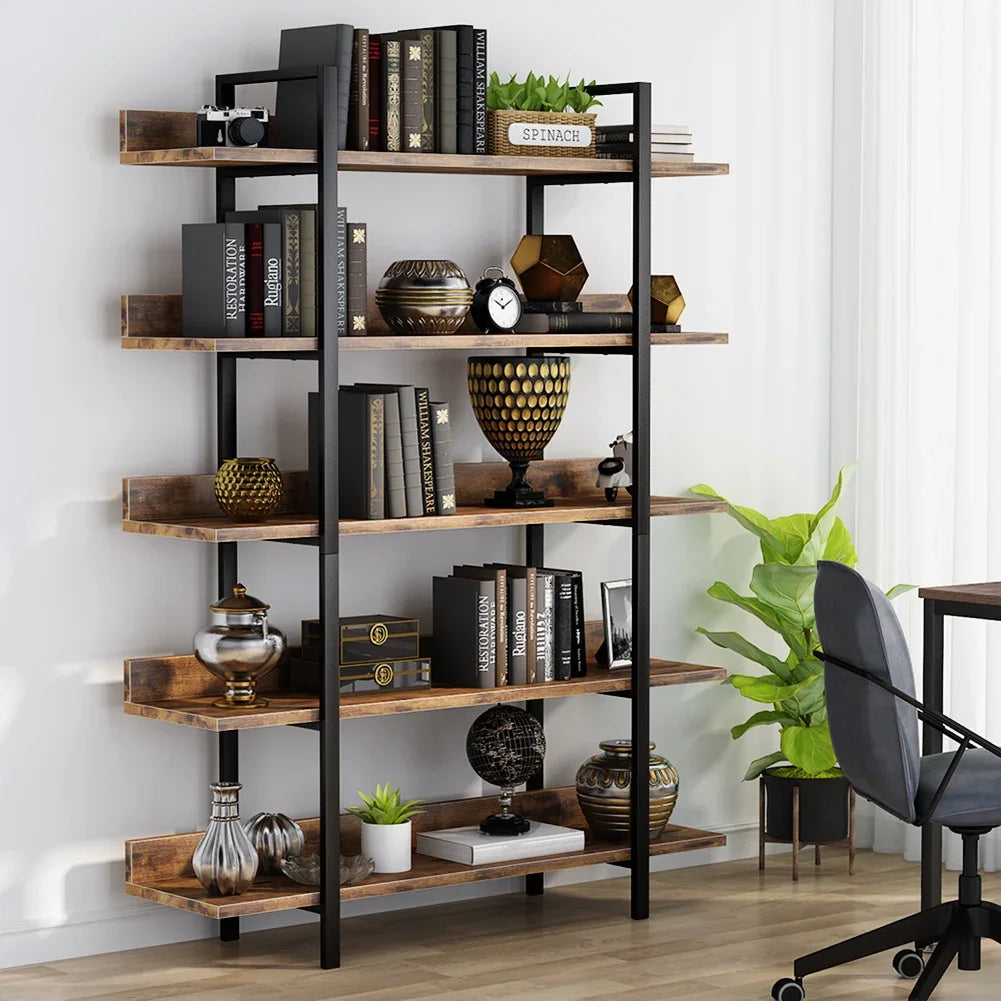 Storage Rack Standing Shelf 5 Tier Industrial Sturdy Bookshelf with Iron Pipe Frame