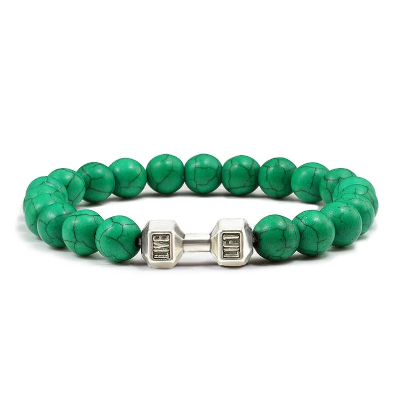 Unisex Fitness Volcanic Stone Bracelet: Matte Black Lava and White Beads with Dumbbell Charm. Perfect for Gym Enthusiasts.