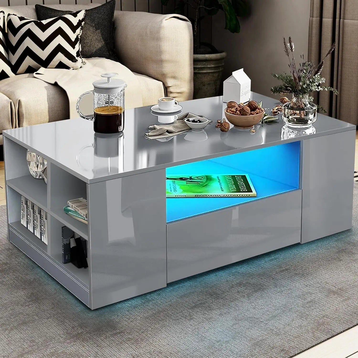 Centre Coffee Tables for Living Room with Led RGB Lights 2 Drawer Storage and Open