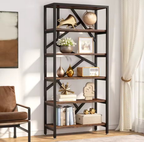 Storage Rack Standing Shelf 5 Tier Industrial Sturdy Bookshelf with Iron Pipe Frame